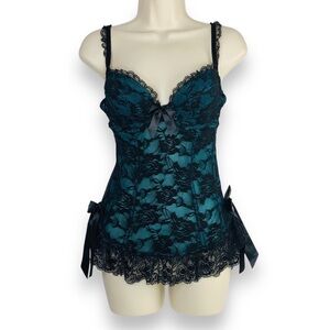 Women Fairy Grunge Whimsigoth Babydoll Corset Top M Black Lace Cyber Goth Blue